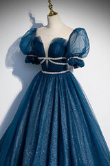 Blue Tulle Long A-Line Prom Dress, A-Line Short Sleeve Evening Dress