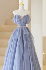 Blue Tulle Long A-Line Prom Dress, Cute Strapless Graduation Dress