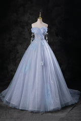 Blue Tulle Long A-Line Prom Dress Party Dress, Beautiful Off the Shoulder Blue Evening Dress