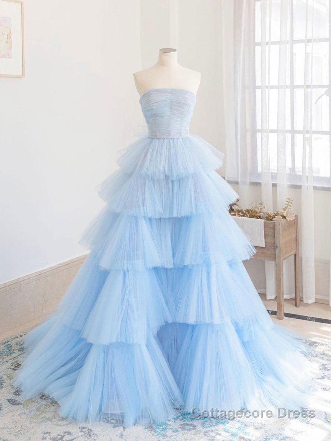 Blue tulle long prom dress, blue tulle evening dress