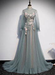 Blue Tulle Long Sleeve Appliques High Neck Prom Dress