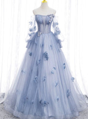 Blue Tulle Long Sleeve Flower Prom Dress