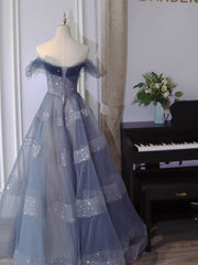 Blue Tulle Off Shoulder Long Prom dress, Blue A line Evening Dress