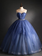 Blue Tulle Pleats Backless Beading Quinceanera Dress