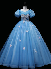 Blue Tulle Puff Sleeve Beading Quinceanera Dress