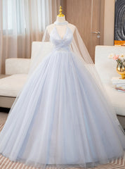 Blue Tulle Sequins Halter Quinceanera Dress