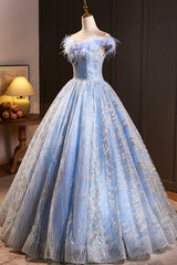 Blue Tulle Sequins Long A-Line Prom Dress with Feather, Off the Shoulder Evening Party Dress