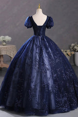 Blue Tulle Sequins Long Formal Dress, A-Line Short Sleeve Evening Party Dress