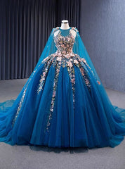 Blue Tulle Sequins Pink 3D Appliques Prom Dress