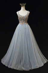 Blue Tulle with Flowers Straps Long Evening Dress, Blue Prom Party Dresses