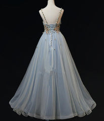 Blue Tulle with Flowers Straps Long Evening Dress, Blue Prom Party Dresses