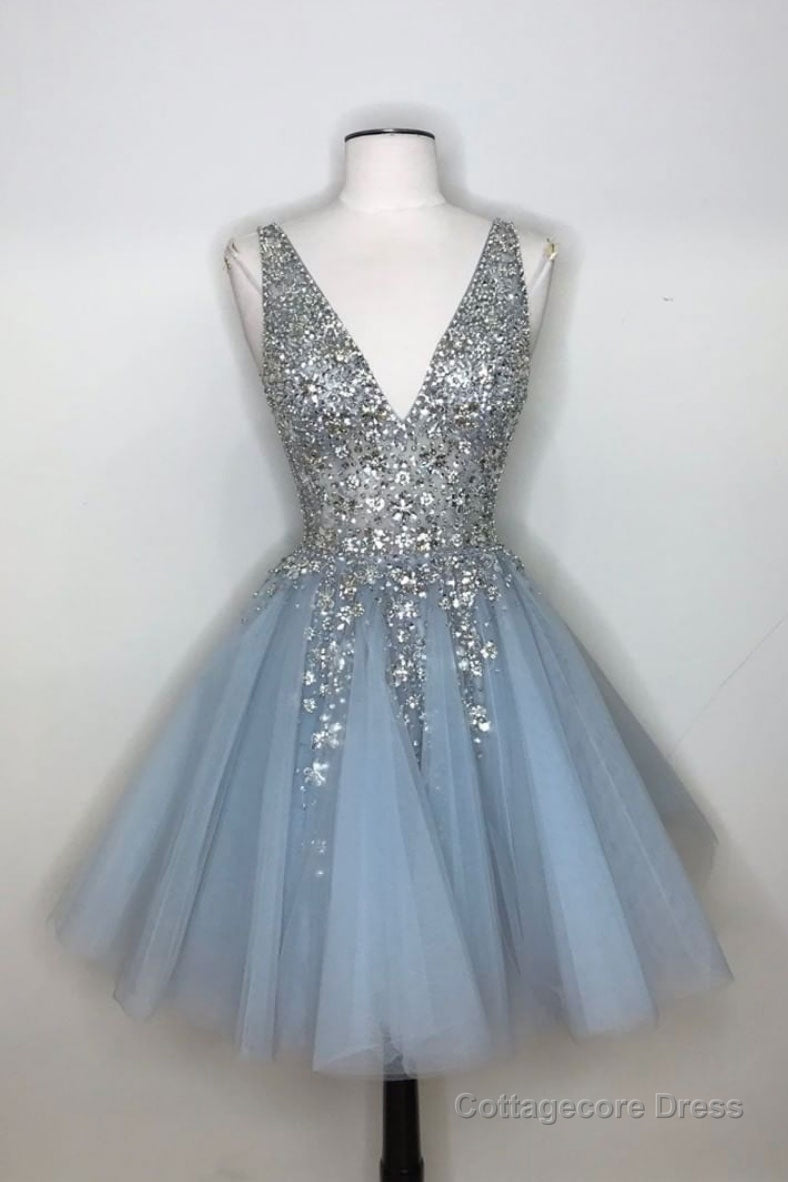 Blue v neck tulle sequin short prom dress, blue homecoming dress