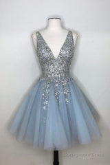 Blue v neck tulle sequin short prom dress, blue homecoming dress