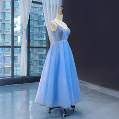 Blue V-neckline Tulle Beaded Long Straps Beaded Dress, Blue Fashionable Formal Dress Prom Dress