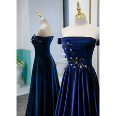 Blue Velvet Beaded Elegant Off Shoulder Evening Dress, Blue Long Prom Dress Party Dress