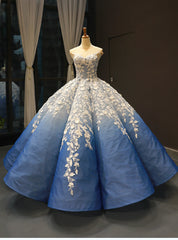 Blue White Ball Gown 3D Flower Cap Sleeve Haute Couture Prom Dress