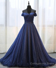 Dark Blue Shining Tulle Long Prom Dress, Evening Dress