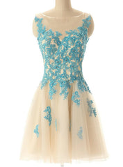 Boat Neck Champagne Tulle Prom Party Dress with Blue Lace