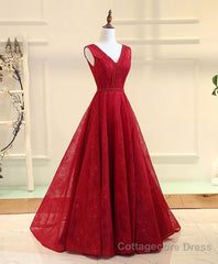 Burgundy V Neck Lace Long Prom Gown Burgundy Evening Dress