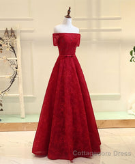 Burgundy a Line Lace Long Prom Dress, Burgundy Evening Dress