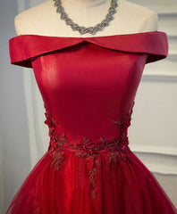 Burgundy Lace Tulle Long Prom Dress, Off Shoulder Evening Dress