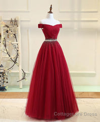 Burgundy Tulle Off Shoulder Long Prom Dress, Burgundy Evening Dress