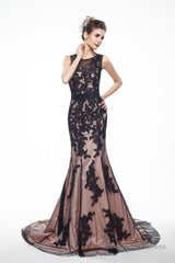 Brown And Black Memraid Appliques Backless Prom Dresses With Sash