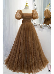 Brown Wave Point Tulle Puff Sleeve Prom Dress