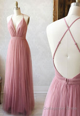 Simple Tulle Long Prom Dress, A Line Backless Evening Dress