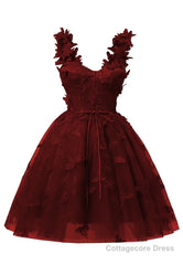 Burgundy 3D Butterfly Lace Applique Tulle Homecoming Dress for Teens Sweetheart Mini Short Prom Dresses