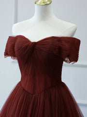 Burgundy A line Tulle Long Prom Dresses, Burgundy Long Bridesmaid Dresses