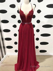 Burgundy A Line V Neck Backless Lace Tulle Long Prom Dresses, Burgundy Lace Formal Dresses, Burgundy Evening Dresses