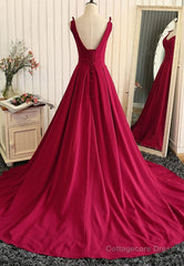 Burgundy A Line V Neck Sweep Train Open Back Satin Long Prom Dress, V Neck Burgundy Formal Dress, Backless Evening Dress