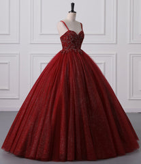 Burgundy Bling Tulle Ball gowns Long Prom Dress with Embroidered Sequins