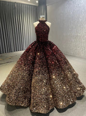 Burgundy Gold Sequins Halter Prom Dress