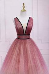 Burgundy Gradient Tulle Long Evening Dress, A-Line V-Neck Graduation Party Dress