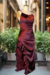 Burgundy Homecoming Dresses Vintage Backless Ruffle Asymmetrical Midi Length Party Dress