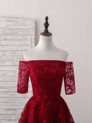 Burgundy Lace Short Prom Dress, Burgundy Homecoming Dress