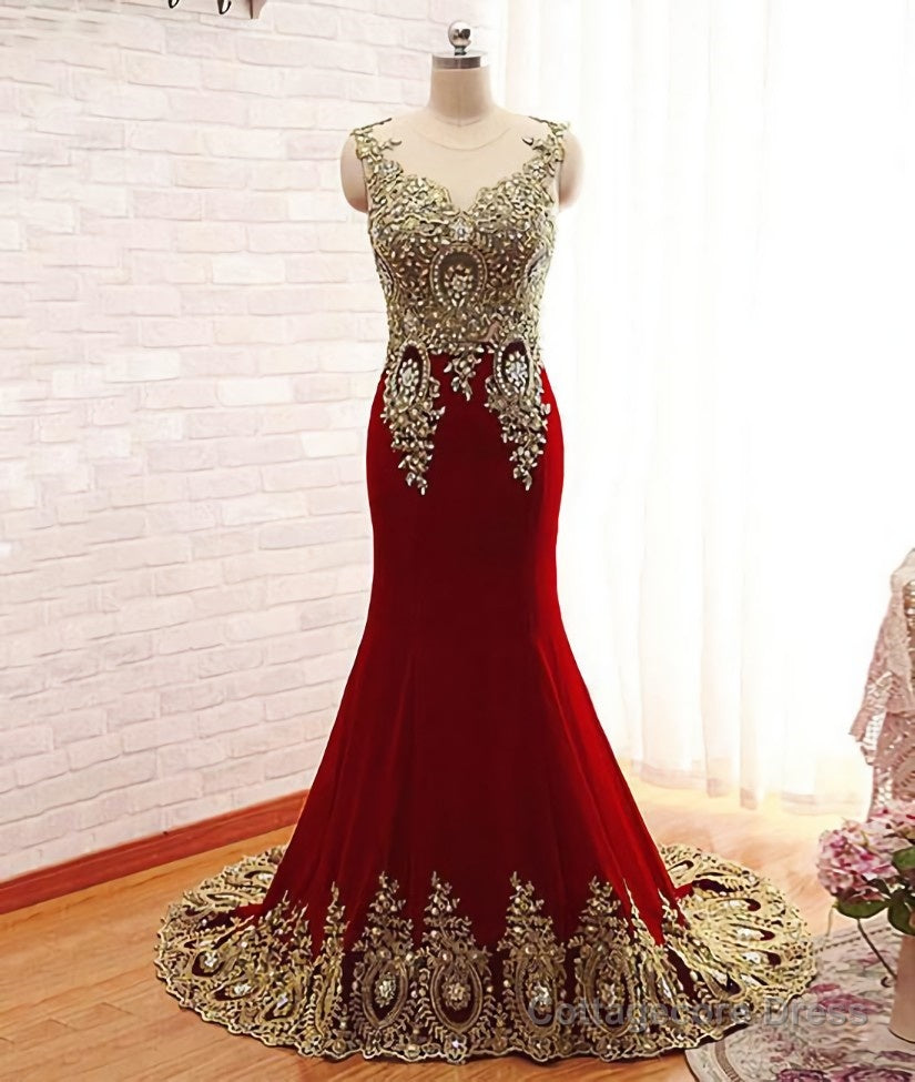 Burgundy Mermaid Beads Lace Appliques Chiffon Long Prom Dress, Burgundy Mermaid Formal Dress, Evening Dress