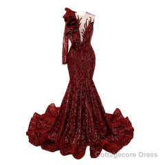 Burgundy Mermaid One Sleeve Prom Dresses Sequined Lace Jewel Ruffles Evening Party Dress with Appliques