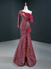 Burgundy Mermaid Sequins One Shoulder Long Sleeve Prom Dress