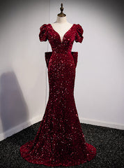 Burgundy Mermaid Sequins V-neck Prom Dress With Bow