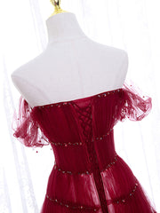 Burgundy Off Shoulder Long Prom Dress, Burgundy Formal Dress with Beading Sequin