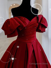 Burgundy off shoulder satin long prom dress, burgundy evening dress