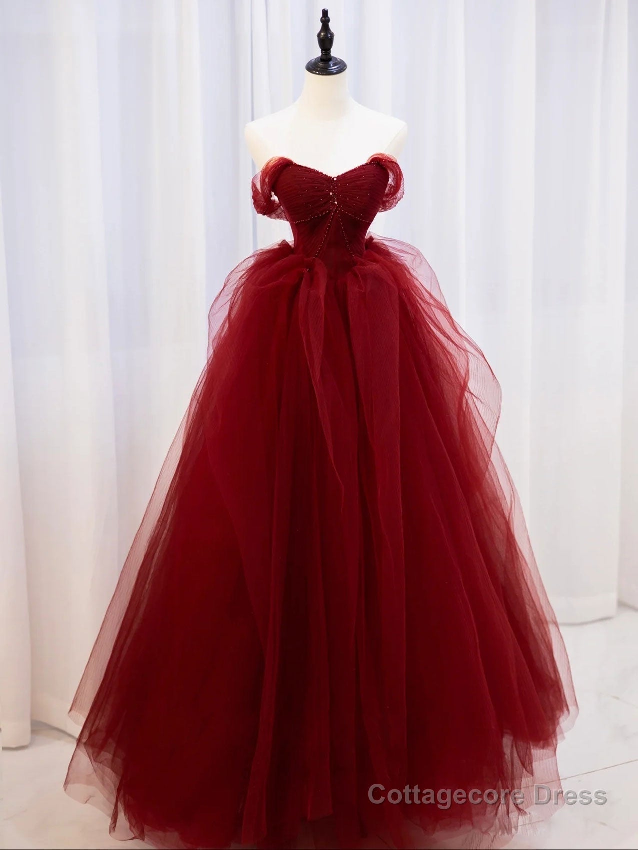 Burgundy off shoulder tulle lace long prom dress burgundy formal dress