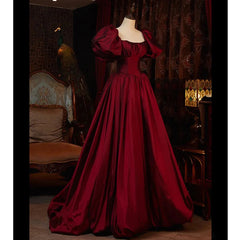 Burgundy Puffy Sleeves Taffeta Long Prom Dress, Floor Length Sweetheart Party Dress