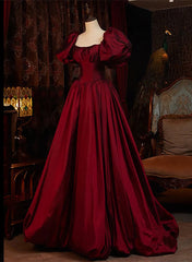 Burgundy Puffy Sleeves Taffeta Long Prom Dress, Floor Length Sweetheart Party Dress