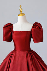 Burgundy Satin Long Prom Dress, Simple A-Line Short Sleeve Evening Dress