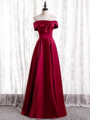 Burgundy Satin Off the Shoulder Pearls Prom Dress