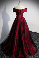 Burgundy Satin Off the Shoulder Prom Dress, A-Line Evening Graduation Dress